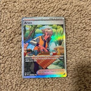 Pokemon Arven Trainer Card - green, blue, orange, purple, brown